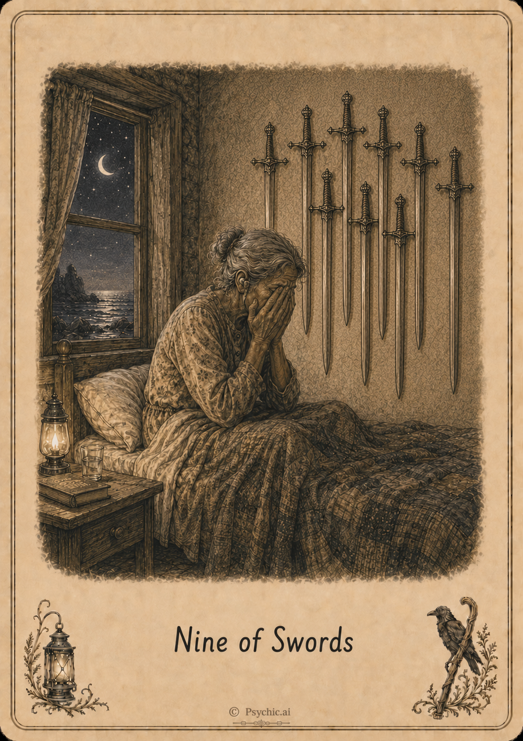 Nine of Swords tarot card illustration